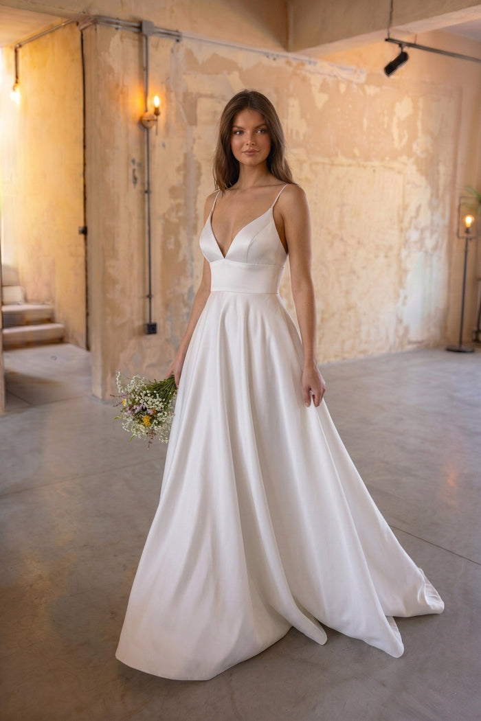 A-Line Sweep-Brush Train Satin Wedding Dress CW3112