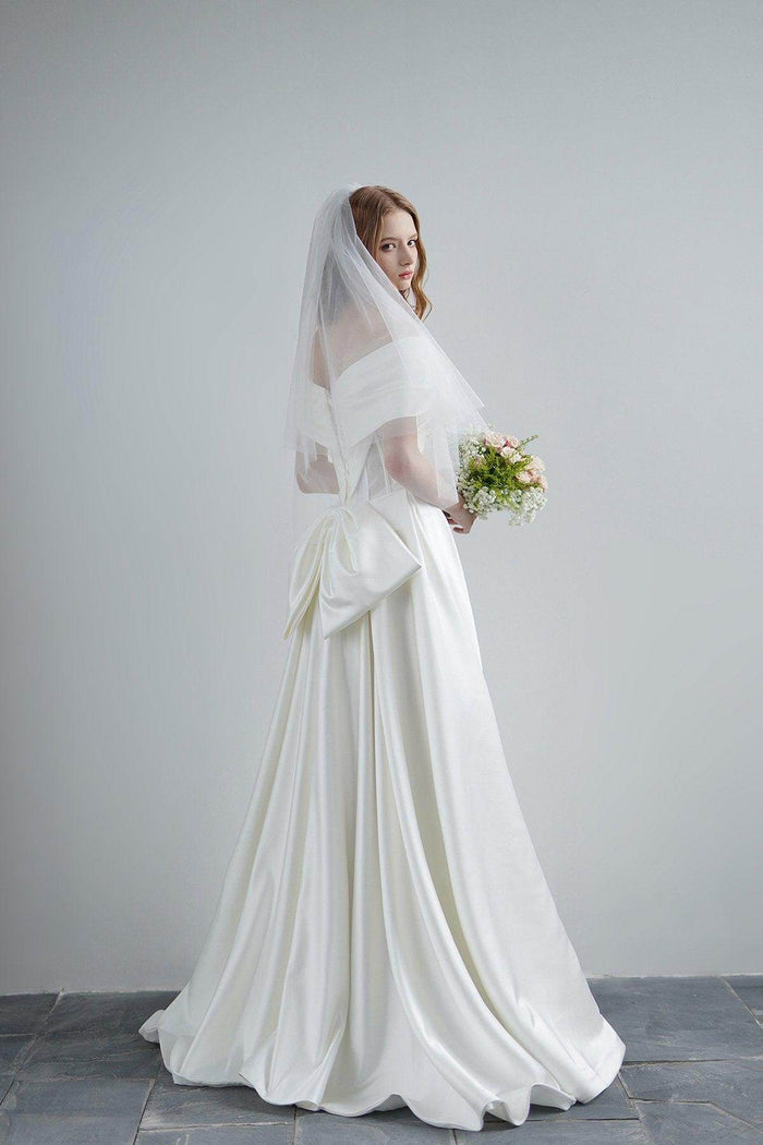 A-Line Sweep-Brush Train Satin Wedding Dress CW3208 - COCOMELODY