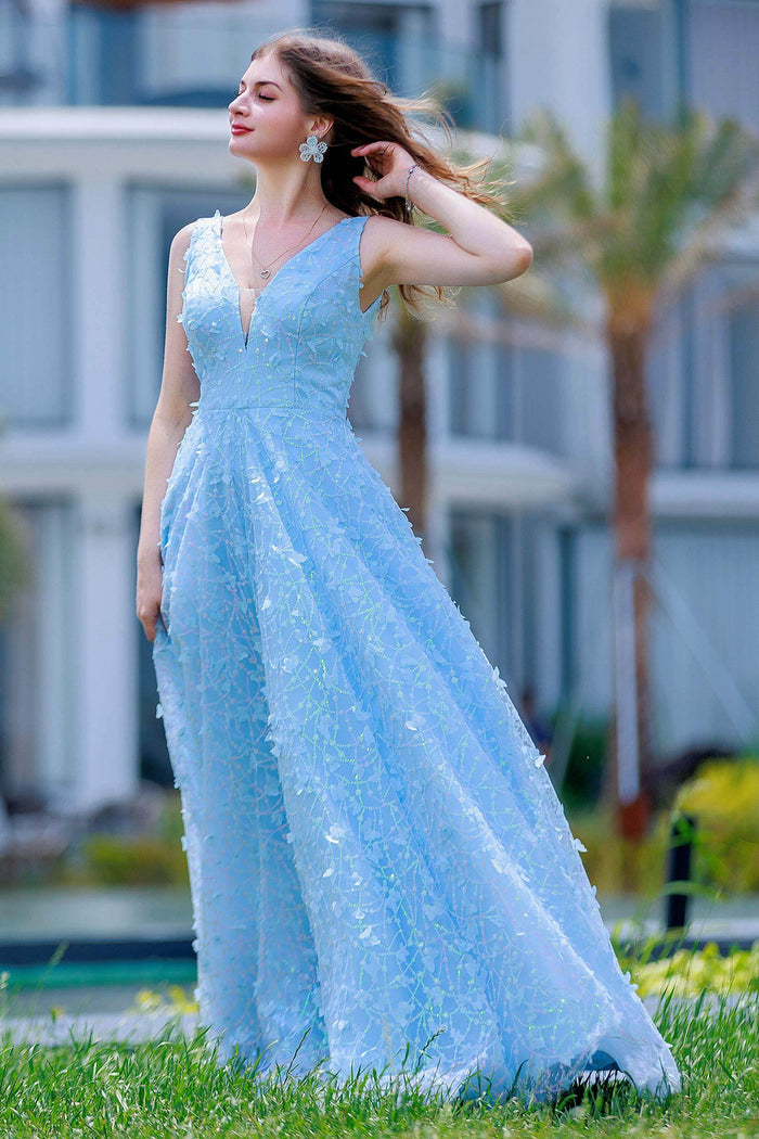 A-Line Sweep-Brush Train Sequined Lace Prom Dress CS0484 - COCOMELODY
