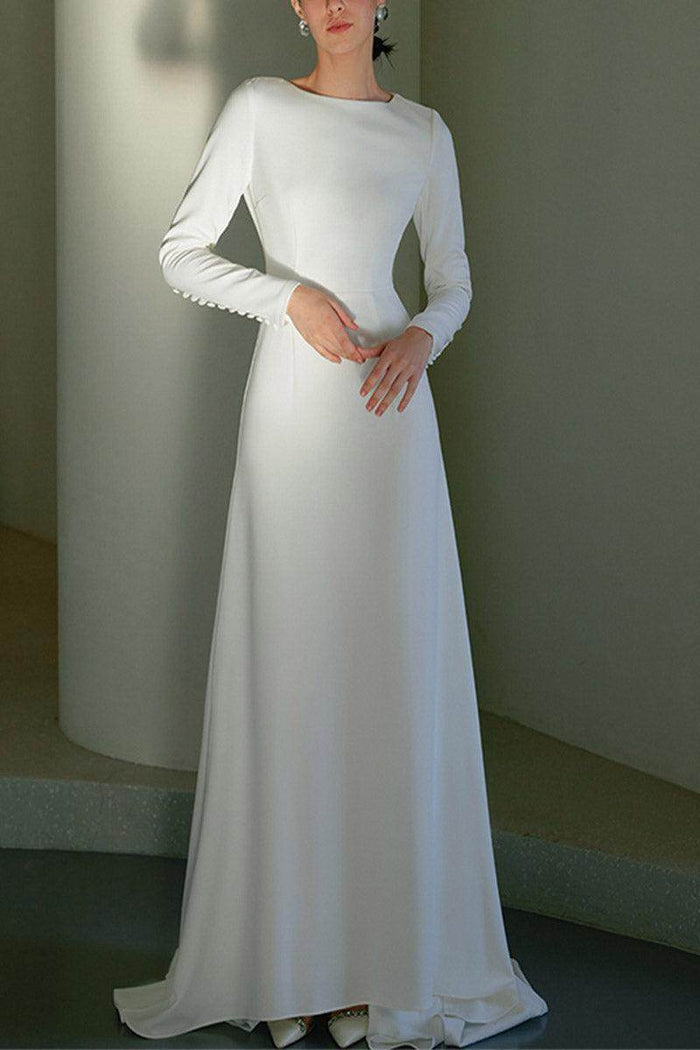 A-Line Sweep-Brush Train Stretch Satin Wedding Dress 681779653285 - COCOMELODY