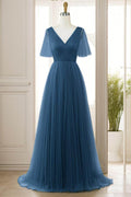 A-Line Sweep-Brush Train Tulle Prom Dress CS0472 - COCOMELODY