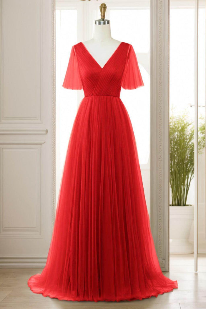 A-Line Sweep-Brush Train Tulle Prom Dress CS0472 - COCOMELODY