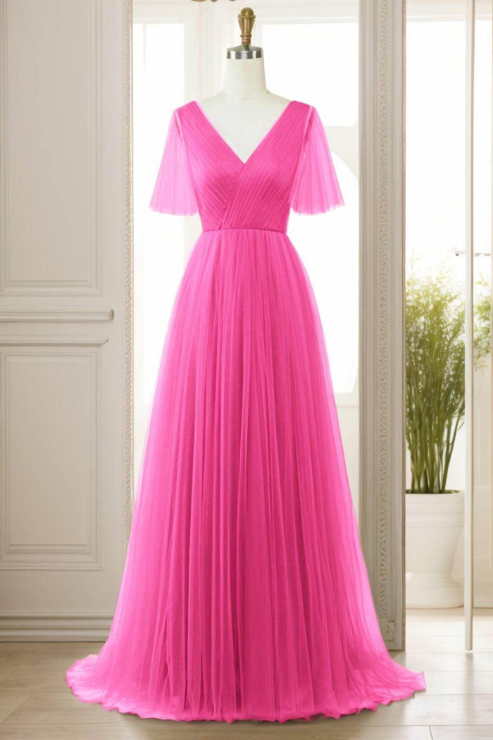 A-Line Sweep-Brush Train Tulle Prom Dress CS0472 - COCOMELODY