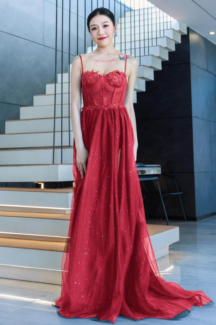 A-Line Sweep-Brush Train Tulle Prom Dress CS0480 - COCOMELODY