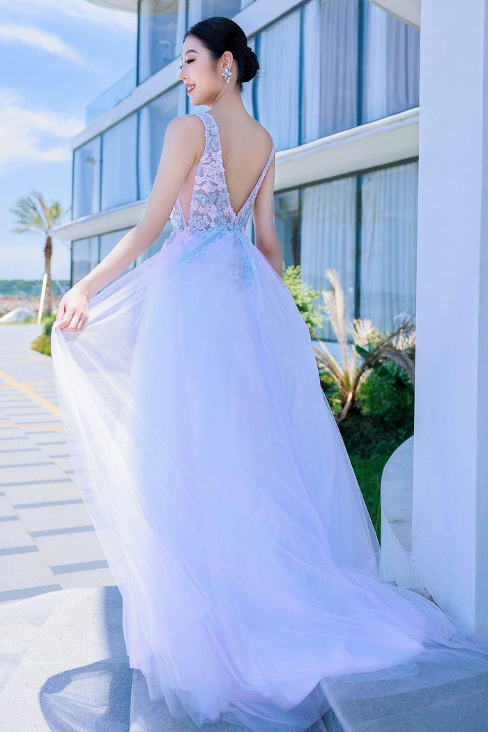 A-Line Sweep-Brush Train Tulle Prom Dress CS0504 - COCOMELODY