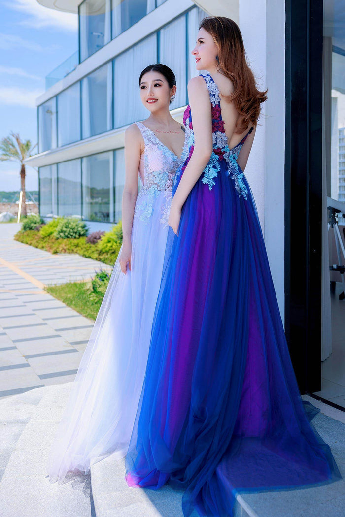 A-Line Sweep-Brush Train Tulle Prom Dress CS0504 - COCOMELODY