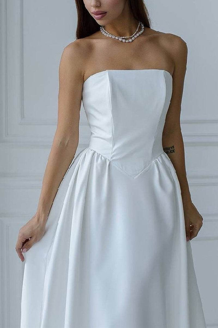 A-Line Tea Length Elastic Cloth Little White Dress 100063 - COCOMELODY