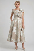 A-Line Tea Length Jacquard Mother of the Bride Dress CM0413CR