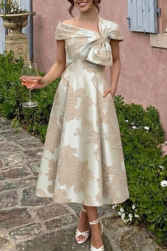 A-Line Tea Length Jacquard Mother of the Bride Dress CM0413CR