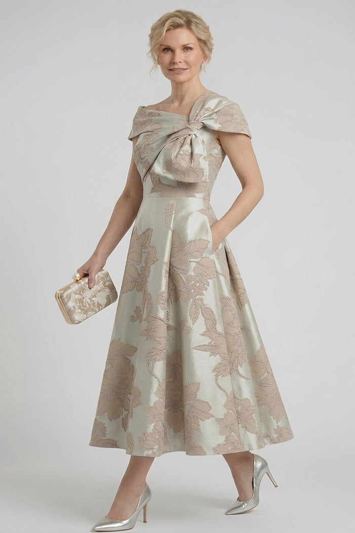 A-Line Tea Length Jacquard Mother of the Bride Dress CM0413CR