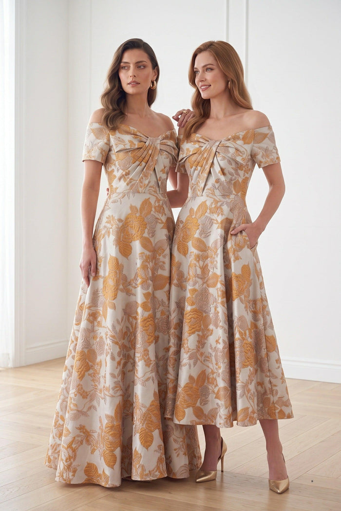 A-Line Tea Length Jacquard Mother of the Bride Dress CM0482
