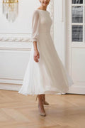 A-Line Tea Length Lace Chiffon Little White Dress 100041 - COCOMELODY