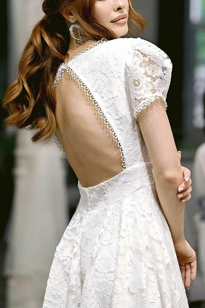A-Line Tea Length Lace Little White Dress 100020 - COCOMELODY
