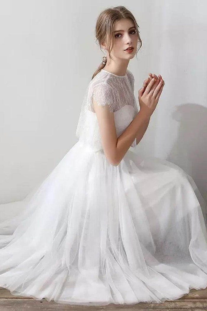 A-Line Tea Length Lace Tulle Wedding Dress 862471719437CR - COCOMELODY