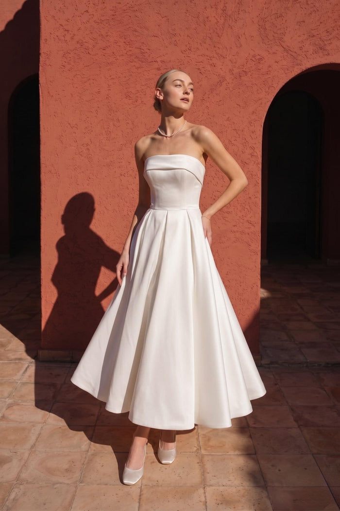 A-Line Tea Length Mikado Little White Dress 100023