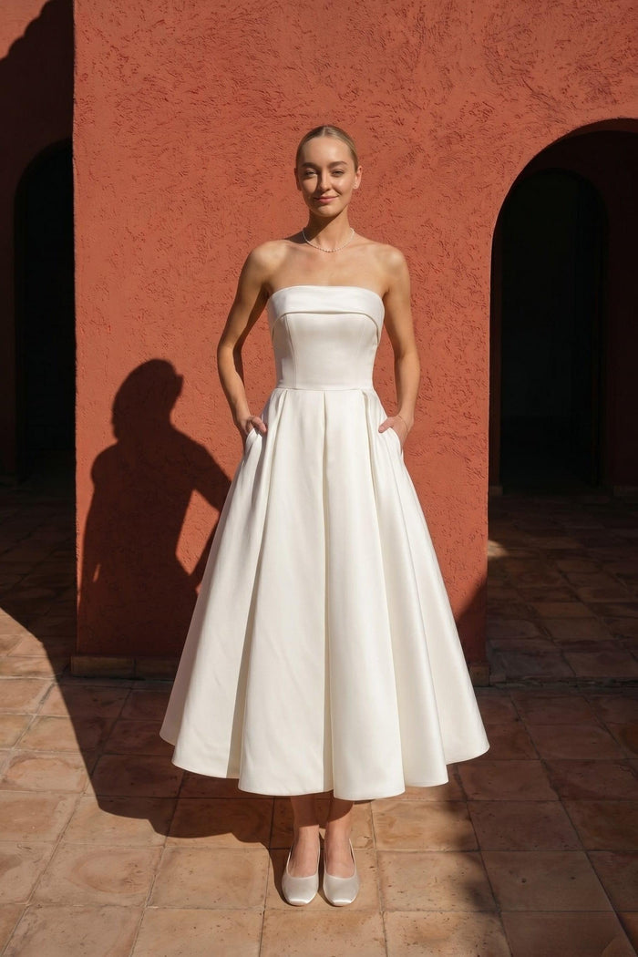 A-Line Tea Length Mikado Little White Dress 100023