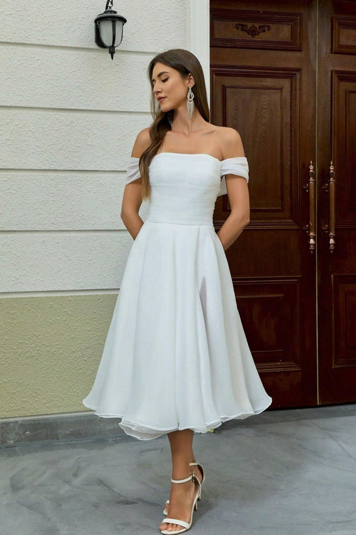 A-Line Tea Length Organza Little White Dress 100046