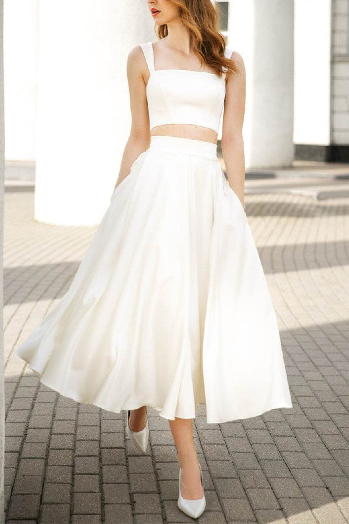A-Line Tea Length Satin Little White Dress 100062 - COCOMELODY