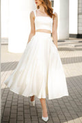 A-Line Tea Length Satin Little White Dress 100062 - COCOMELODY