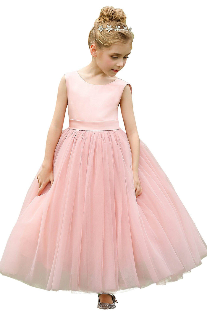 A-Line Tea Length Satin Tulle Flower Girl Dress CF0276 - COCOMELODY