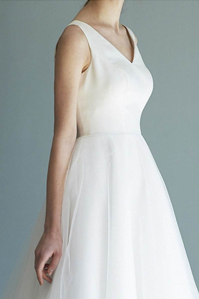 A-Line Tea Length Satin Tulle Little White Dress 615670129941 - COCOMELODY