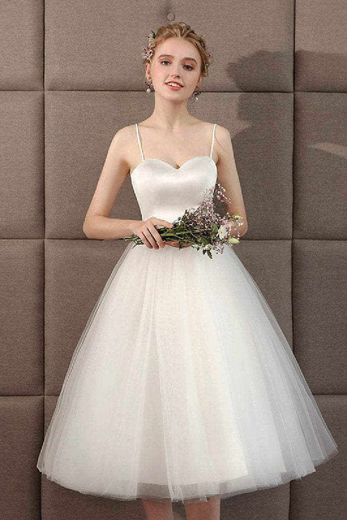 A-Line Tea Length Satin Tulle Wedding Dress 773541090129 - COCOMELODY