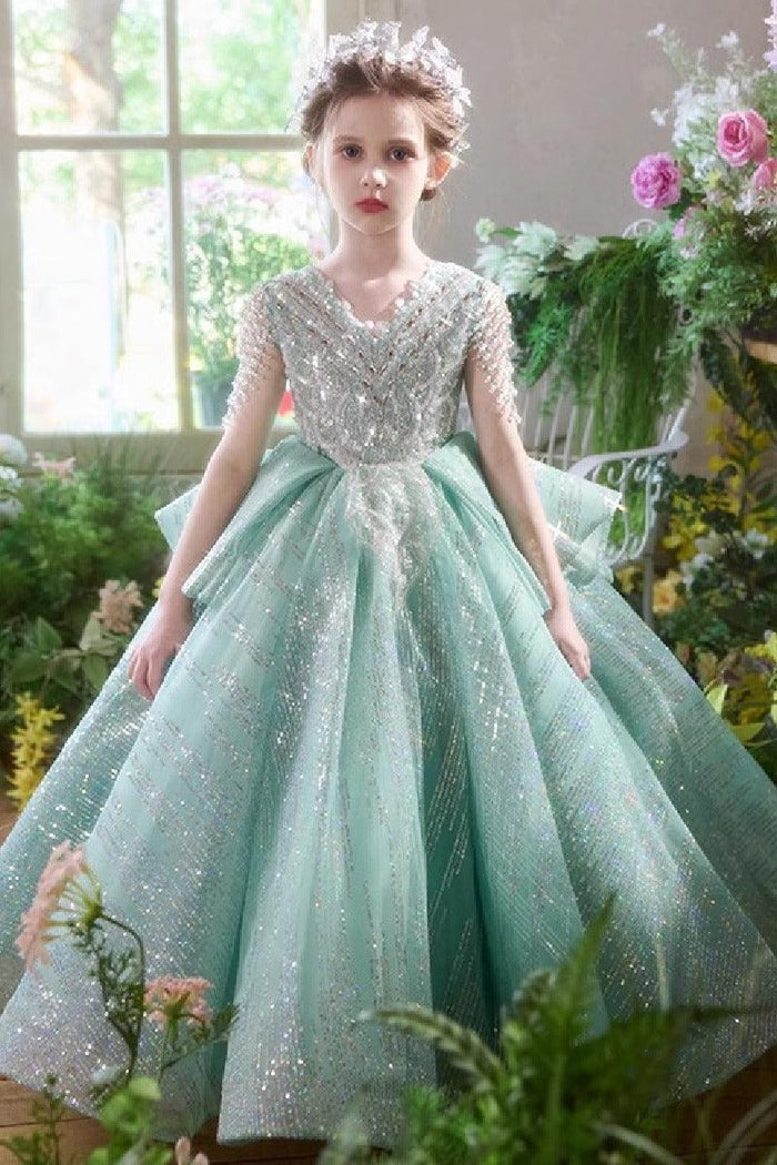 A-Line V-Neck Cap Sleeve Sparkle Tulle Floor Length Flower Girl Dresses 993037422575