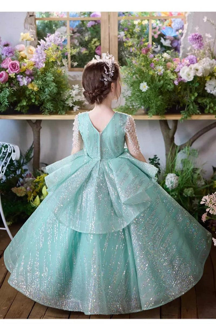 A-Line V-Neck Cap Sleeve Sparkle Tulle Floor Length Flower Girl Dresses 993037422575