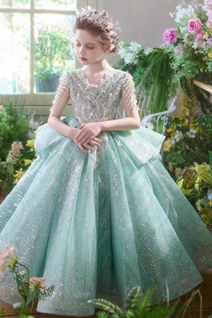 A-Line V-Neck Cap Sleeve Sparkle Tulle Floor Length Flower Girl Dresses 993037422575