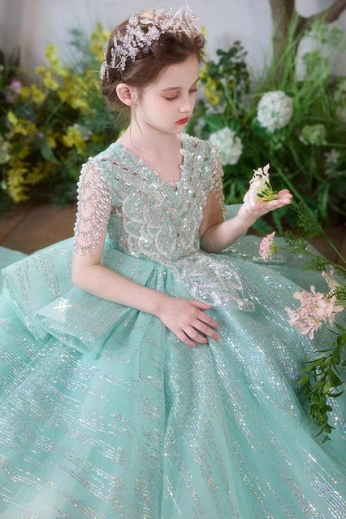 A-Line V-Neck Cap Sleeve Sparkle Tulle Floor Length Flower Girl Dresses 993037422575