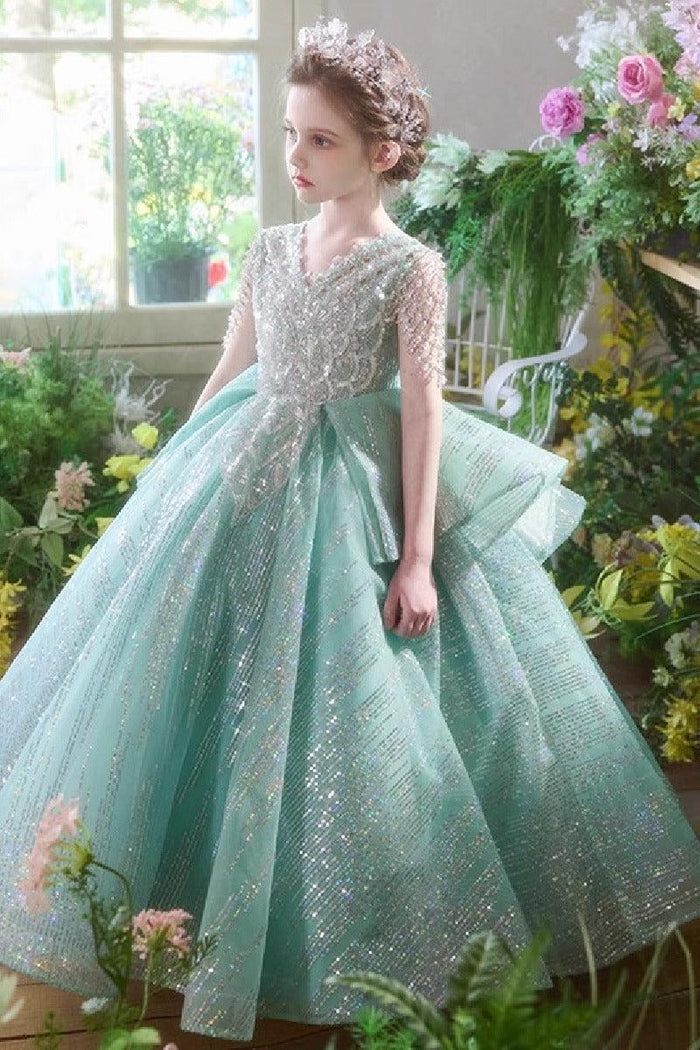 A-Line V-Neck Cap Sleeve Sparkle Tulle Floor Length Flower Girl Dresses 993037422575