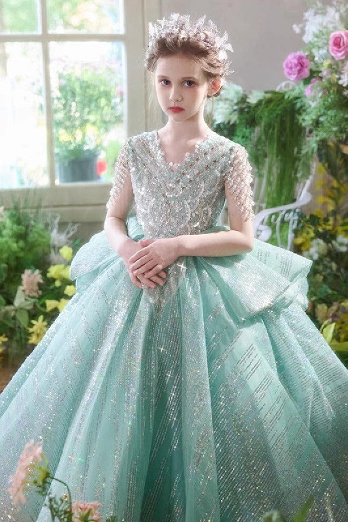 A-Line V-Neck Cap Sleeve Sparkle Tulle Floor Length Flower Girl Dresses 993037422575