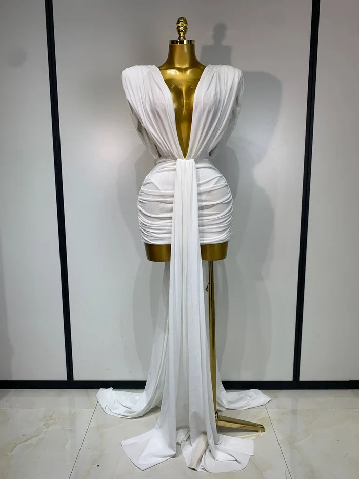 Aiah sleeveless deep V-neck ruched bodycon mini dress for birthday and homecoming party styling