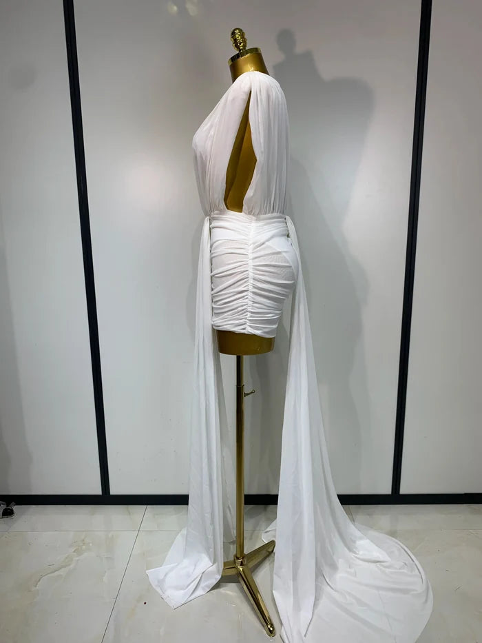 Aiah sleeveless deep V-neck ruched bodycon mini dress for birthday and homecoming party styling