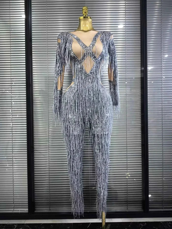 Aleah long sleeve high-stretch fringe bodycon jumpsuit with a figure-hugging silhouette and statement fringe detailing