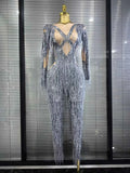 Aleah long sleeve high-stretch fringe bodycon jumpsuit with a figure-hugging silhouette and statement fringe detailing