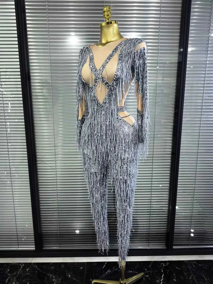 Aleah long sleeve high-stretch fringe bodycon jumpsuit with a figure-hugging silhouette and statement fringe detailing