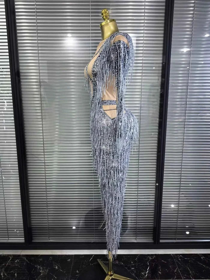 Aleah long sleeve high-stretch fringe bodycon jumpsuit with a figure-hugging silhouette and statement fringe detailing