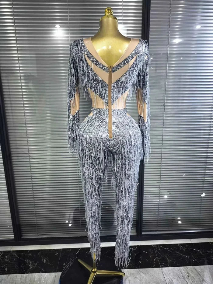 Aleah long sleeve high-stretch fringe bodycon jumpsuit with a figure-hugging silhouette and statement fringe detailing
