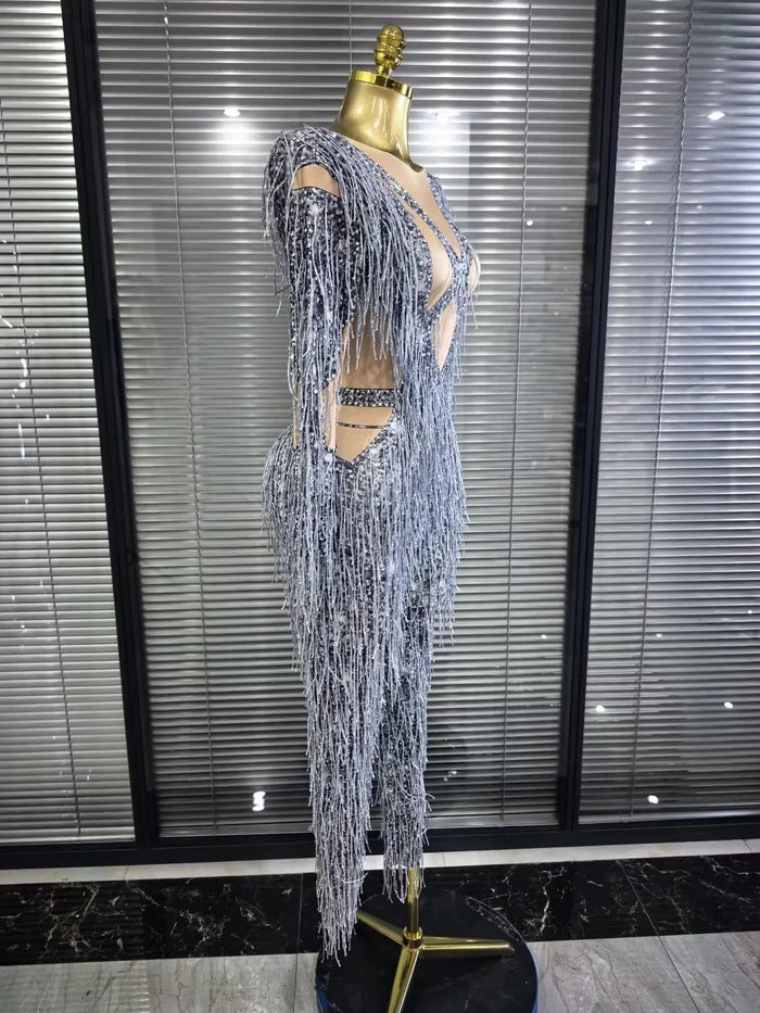 Aleah long sleeve high-stretch fringe bodycon jumpsuit with a figure-hugging silhouette and statement fringe detailing