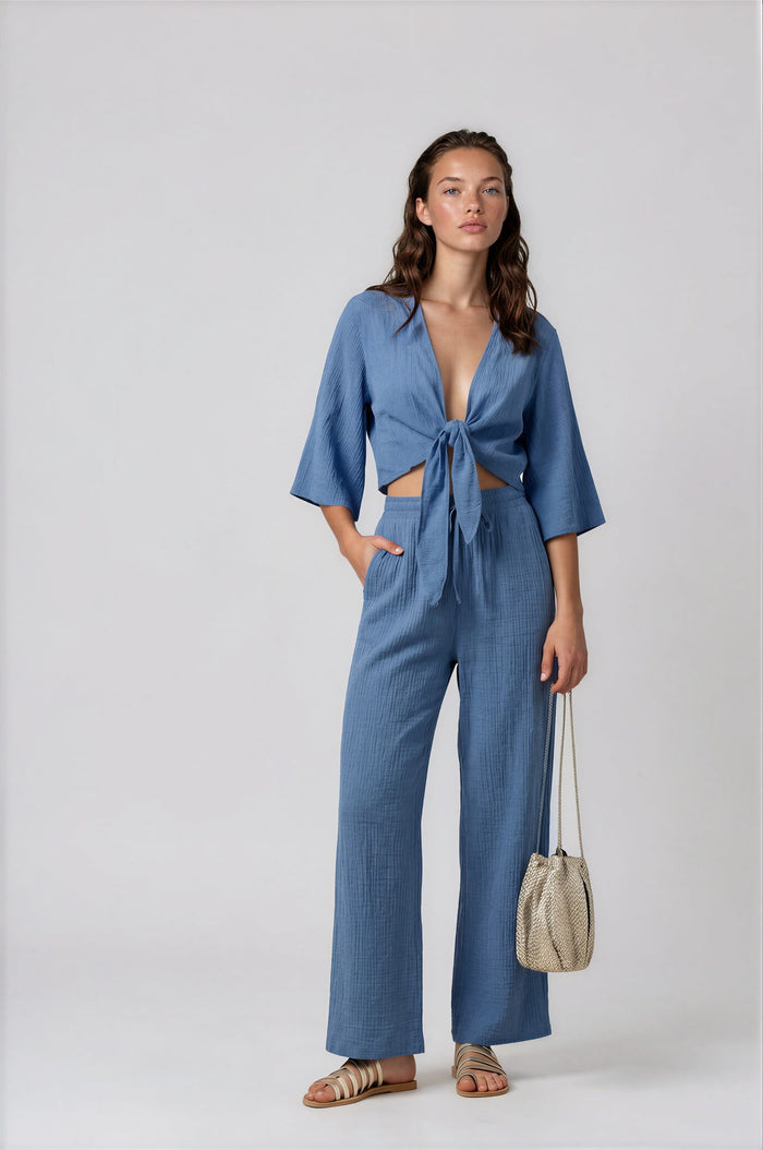 Tops APLA Alpha Giota Crinkle Tie Front Top Sky Blue Apoella
