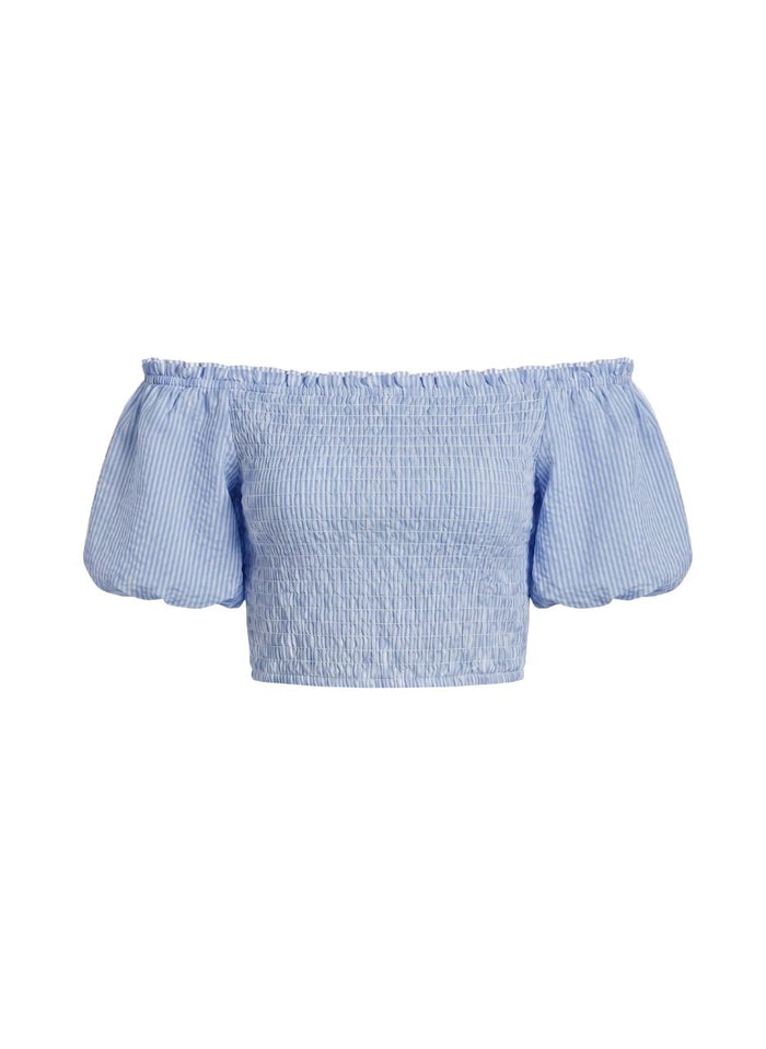 Tops APOELLA Annie Puff Sleeve Smocked Top Striped Blue Apoella