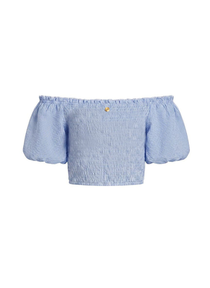 Tops APOELLA Annie Puff Sleeve Smocked Top Striped Blue Apoella
