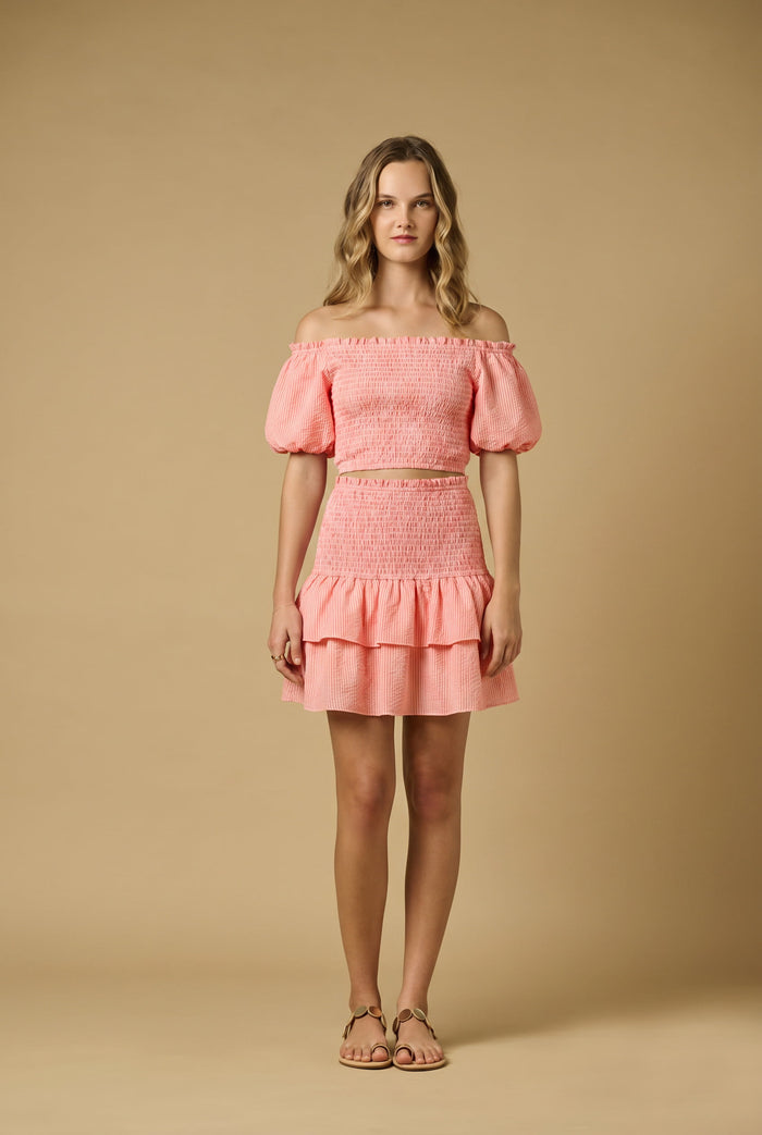 Tops APOELLA Annie Puff Sleeve Smocked Top Striped Peach Pink Apoella