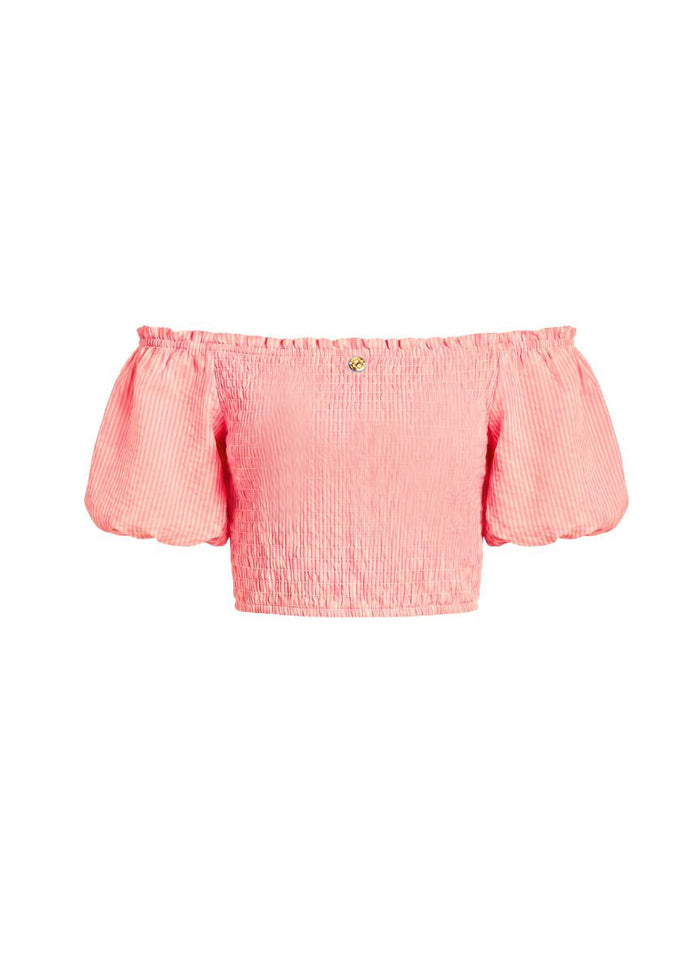 Tops APOELLA Annie Puff Sleeve Smocked Top Striped Peach Pink Apoella