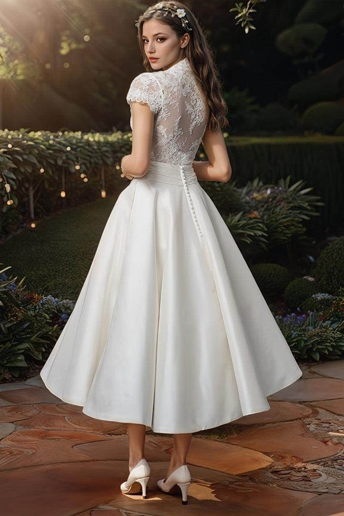 Appliqué Lace Satin Ankle-Length Little White Dress CW3377 - COCOMELODY