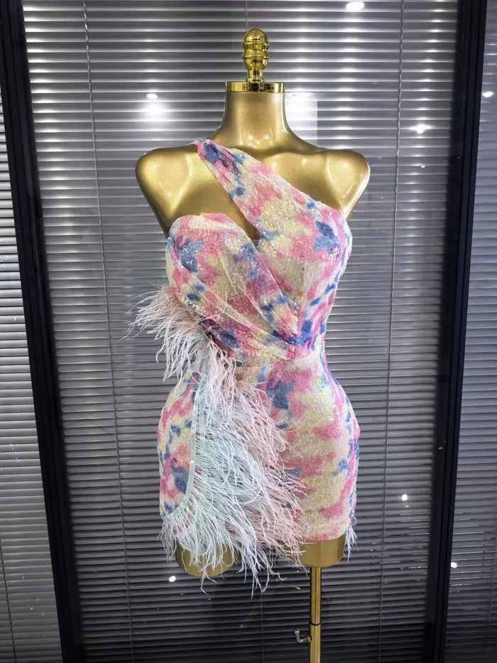 Arabella sequin one-shoulder feather bodycon mini dress with a sparkling finish and glamorous party-ready silhouette