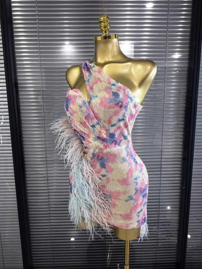 Arabella sequin one-shoulder feather bodycon mini dress with a sparkling finish and glamorous party-ready silhouette