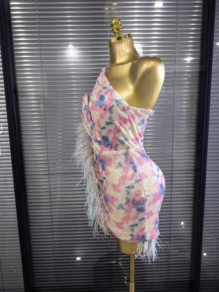 Arabella sequin one-shoulder feather bodycon mini dress with a sparkling finish and glamorous party-ready silhouette