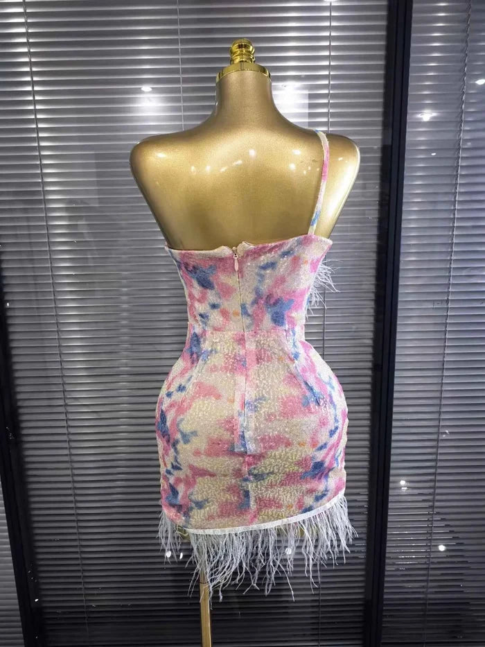 Arabella sequin one-shoulder feather bodycon mini dress with a sparkling finish and glamorous party-ready silhouette